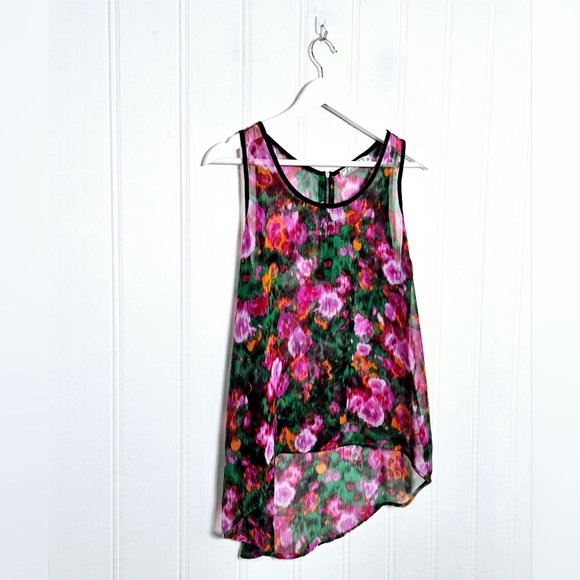 Chloe K Sheer Top Womens Size M Pink Black Multicolored Floral Sleeveless Tank - Picture 1 of 14
